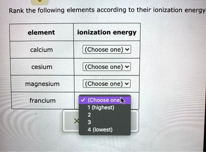 SOLVED Rank the following elements according to their ionization
