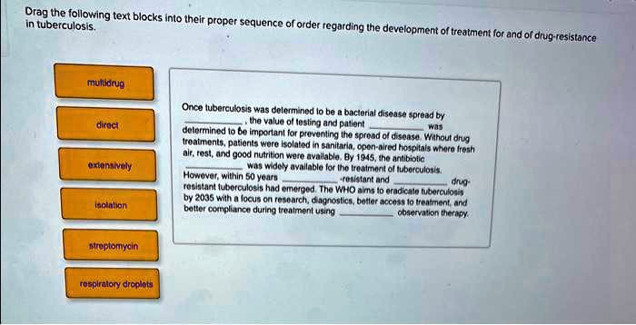 Drag the following text blocks into their proper sequence of order regarding the development of treatment for and of drug-resistance in tuberculosis.
multidrug
direct
extensively
isolation
streptomycin
respiratory droplets
Once tuberculosis was determined to be a bacterial disease spread by , the value of testing and patient  was determined to be important for preventing the spread of disease. Without drug treatments, patients were isolated in sanitaria, open-aired hospitals where fresh air, rest, and good nutrition were available. By 1945, the antibiotic  was widely available for the treatment of tuberculosis. However, within 50 years -resistant and  drug-resistant tuberculosis had emerged. The WHO aims to eradicate tuberculosis by 2035 with a focus on research, diagnostics, better access to treatment, and better compliance during treatment using  observation therapy.