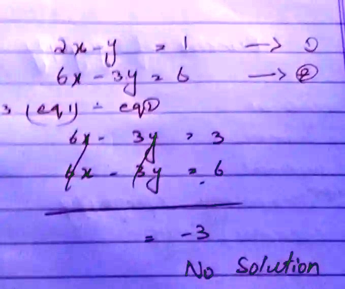 2x - y = 1 –> 1
6x - 3y = 6 –> 2
3 (eq1) = eq2
6x - 3y = 3
4x - 3y = 6
—–
-3
No Solution
