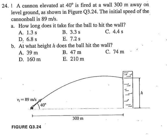 24. A cannon elevated at 40' is fired at a wall 300 m away on level