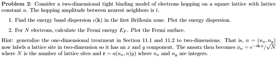 SOLVED: Problem 2: Consider a two-dimensional tight binding model of ...