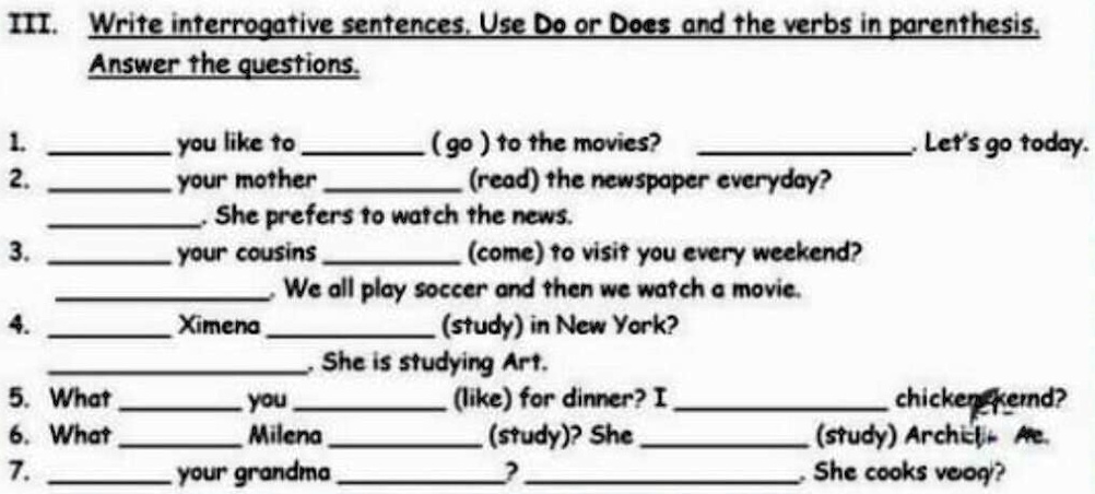SOLVED: Simple Present Tense TL Write Interrogative Sentences. Use "Do ...