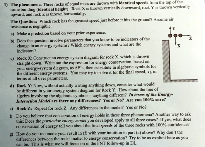 SOLVED: The phenomena: Three rocks of equal mass are thrown with ...