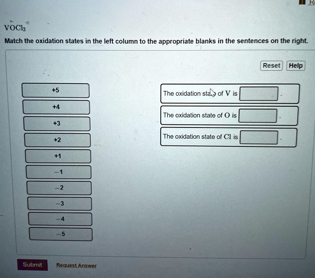 vocl3 match the oxidation states in the left column to the appropriate blanks in the sentences on the right 5 the oxidation state of v is 4 the oxidation state of o is 3 the oxidation state 41648