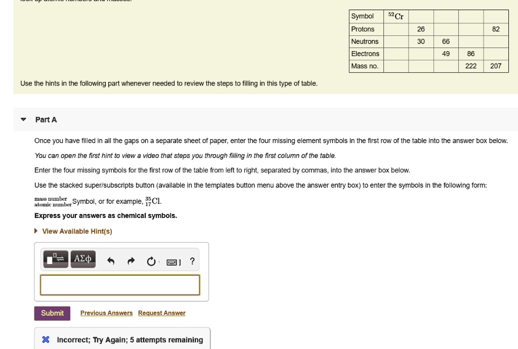 SOLVED Symbol 52Cr Protons Neutrons Electrons Mass no. 222 207