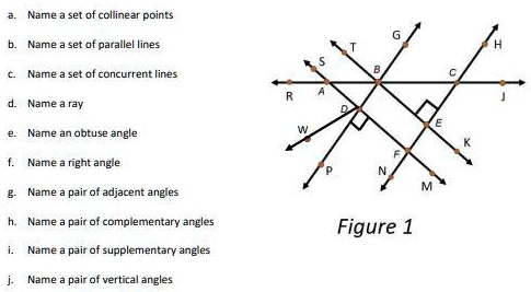 a. Name a set of collinear points
b. Name a set of parallel lines
c. Name a set of concurrent lines
d. Name a ray
e. Name an obtuse angle
f. Name a right angle
g. Name a pair of adjacent angles
h. Name a pair of complementary angles
i. Name a pair of supplementary angles
j. Name a pair of vertical angles