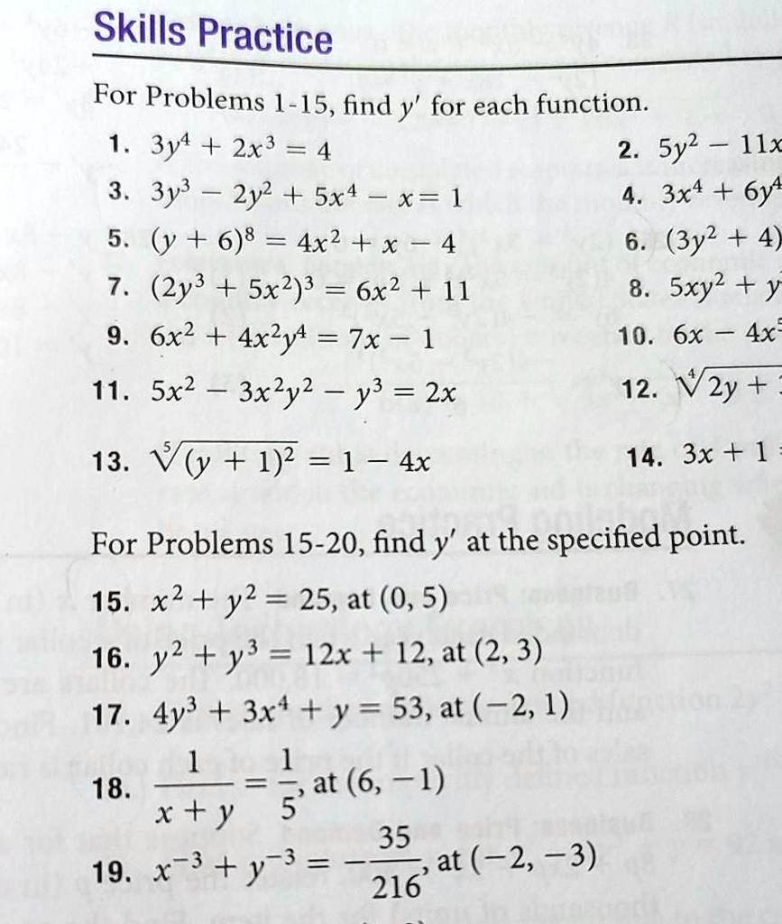 Solved Skills Practice For Problems 1 15 Find Y For Each Function 1 3y4 2x3 4 2 Sy2 S 11x 3 3y3 2y2 5x4 L X 1 4 3x4 6y4