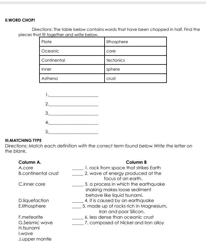 SOLVED: WORD CHOP! Direction: The table below contains words that have ...