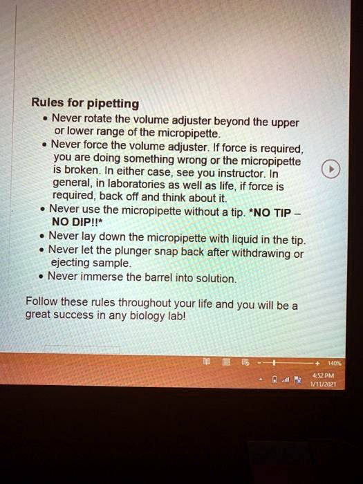 SOLVED Rules for pipetting Never rotate the volume adjuster beyond the