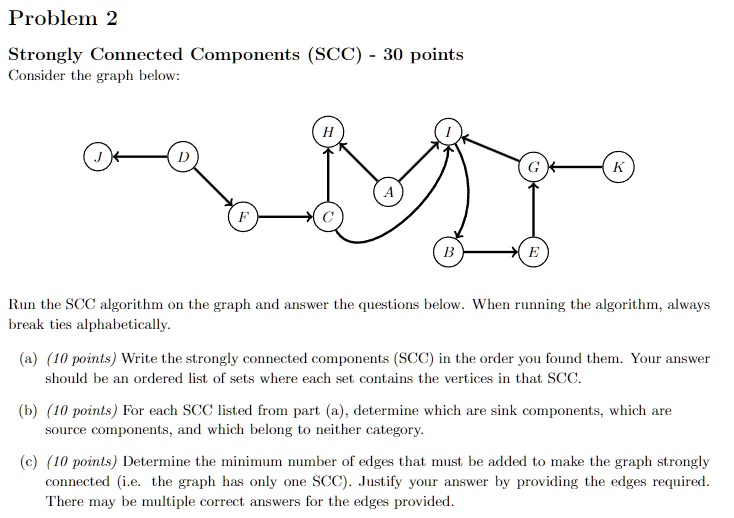 problem 2 strongly connected components scc 30 points consider the graph below run the scc algorithm on the graph and answer the questions below when running the algorithm always break ties  90794