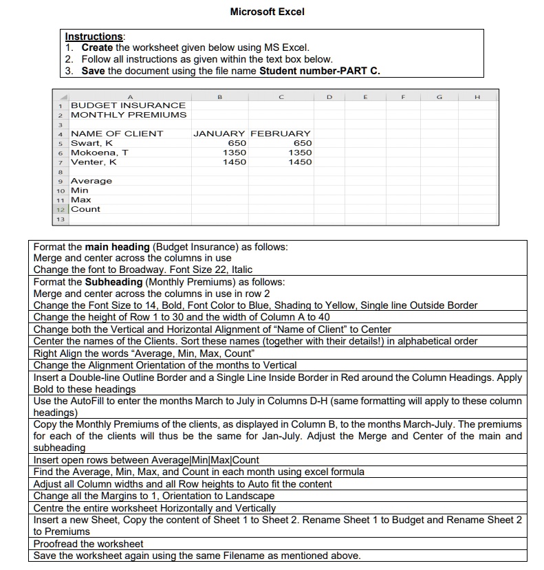Instructions Examples For Excel File microsoft excel instructions 1 create the worksheet given below using ...