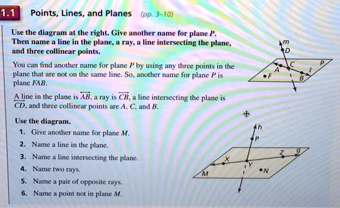 11 points lines and planes pp 3 10 use the diagram at the right give another name for plane p then name line in the plane ry line intersecting the plane and three collinear points you can fi 51582