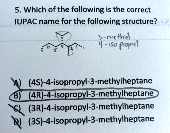 Solved 5 Which Of The Following Is The Correct Iupac Name For The Following Structure 3 Mcihyl 