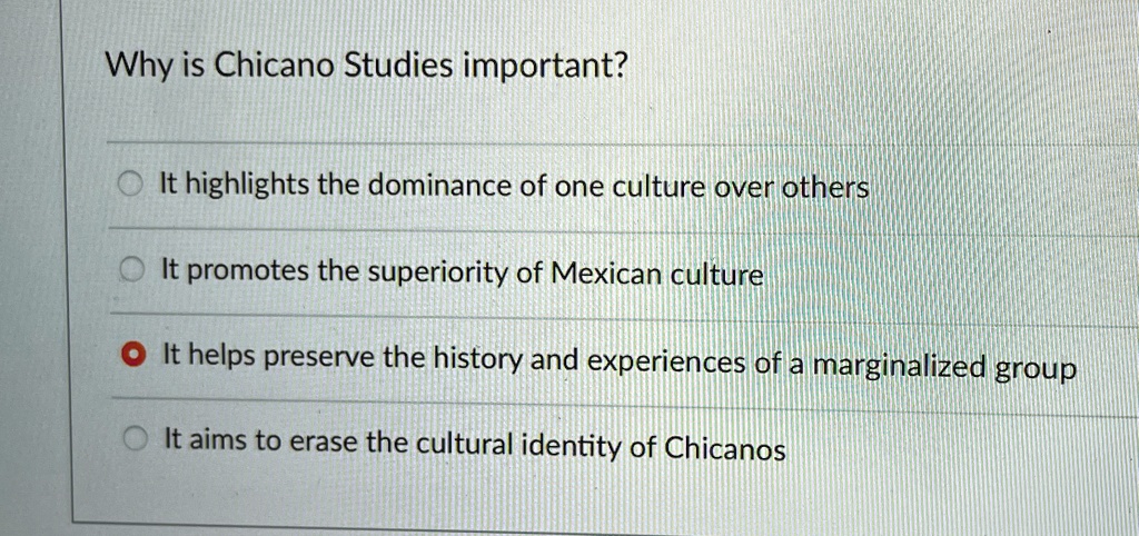 Why is Chicano Studies important?
It highlights the dominance of one culture over others
It promotes the superiority of Mexican culture
• It helps preserve the history and experiences of a marginalized group
It aims to erase the cultural identity of Chicanos