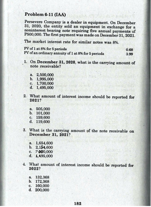 SOLVED Problem 611IAA Persevere Company is a dealer in equipment. On December 31, 2020, the