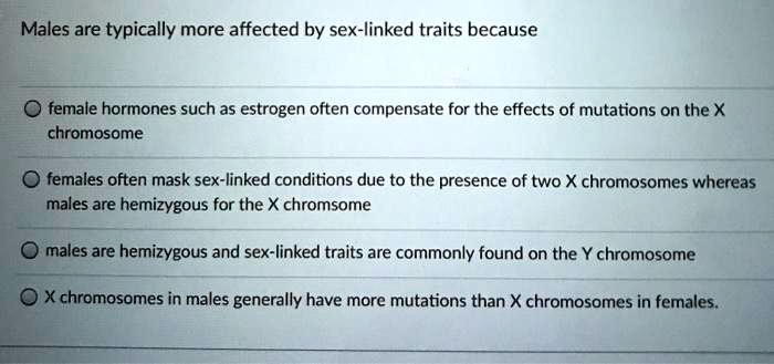 Males are typically more affected by sex-linked traits because

female hormones such as estrogen often compensate for the effects of mutations on the X chromosome

females often mask sex-linked conditions due to the presence of two X chromosomes whereas males are hemizygous for the X chromsome

males are hemizygous and sex-linked traits are commonly found on the Y chromosome

X chromosomes in males generally have more mutations than X chromosomes in females.