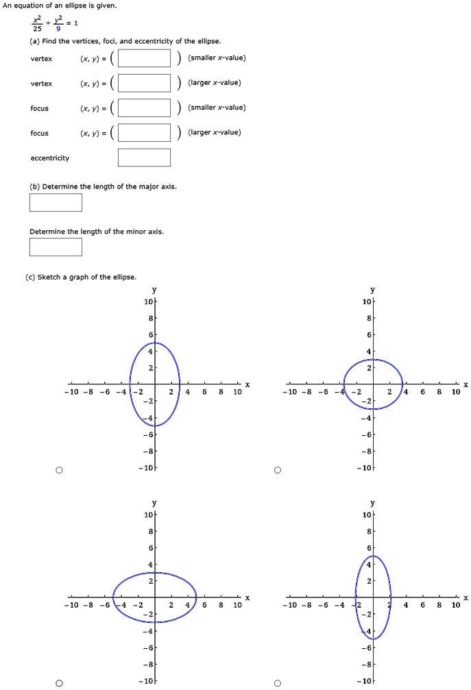 SOLVED: Equation An Ellipse Given 9 = 1 Find The Vertices, Foci, And ...