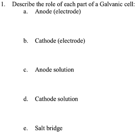 1. Describe the role of each part of a Galvanic cell: a. Anode ...