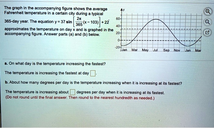 The graph in the accompanying figure shows the average
Fahrenheit temperature in a certain city during a typical
365-day year. The equation y = 37 sin [ 2?/365 (x - 103) ] + 22
approximates the temperature on day x and is graphed in the
accompanying figure. Answer parts (a) and (b) below.

a. On what day is the temperature increasing the fastest?

The temperature is increasing the fastest at day ?.

b. About how many degrees per day is the temperature increasing when it is increasing at its fastest?

The temperature is increasing about ? degrees per day when it is increasing at its fastest.
(Do not round until the final answer. Then round to the nearest hundredth as needed.)