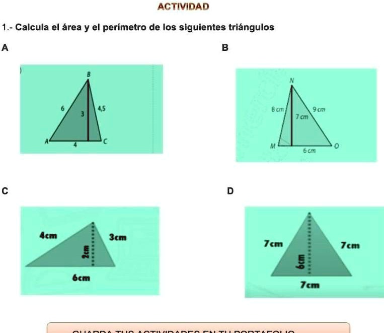 SOLVED: calcula el área y el perímetro de los siguientes triángulos ...