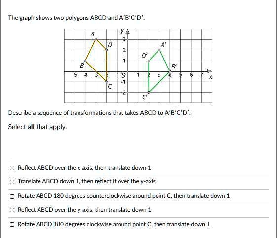 The graph shows two polygons ABCD and A'B'C'D'. Describe a sequence of ...