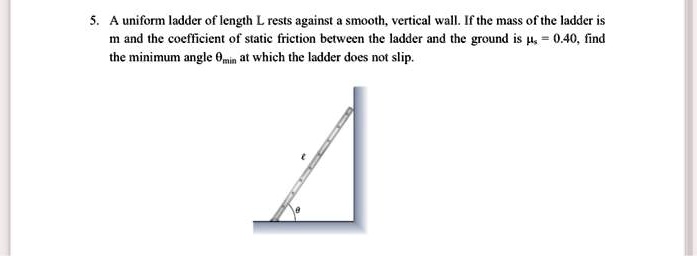 5. A uniform ladder of length L rests against a smooth, vertical wall. If the mass of the ladder is m and the coefficient of static friction between the ladder and the ground is ?s = 0.40, find the minimum angle ?min at which the ladder does not slip.