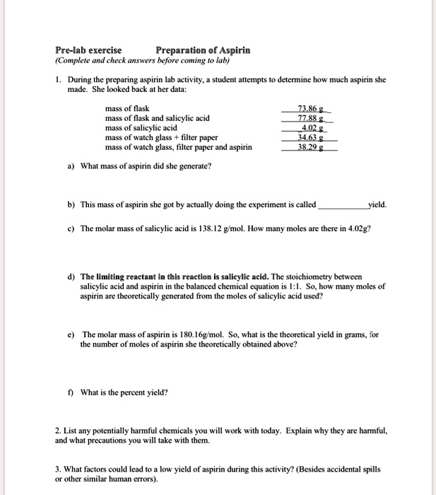 SOLVED: Text: Pre-lab exercise Preparation of Aspirin (Complete and ...