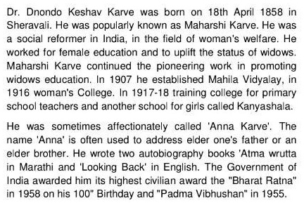 SOLVED: Dhondo Keshav Karve was born on 18th April 1858 in Sheravali ...