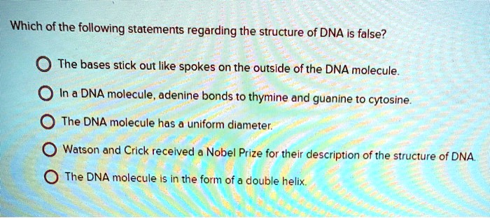 Which of the following statements regarding the structure of DNA is false?
The bases stick out like spokes on the outside of the DNA molecule.
In a DNA molecule, adenine bonds to thymine and guanine to cytosine.
The DNA molecule has a uniform diameter.
Watson and Crick received a Nobel Prize for their description of the structure of DNA.
The DNA molecule is in the form of a double helix.