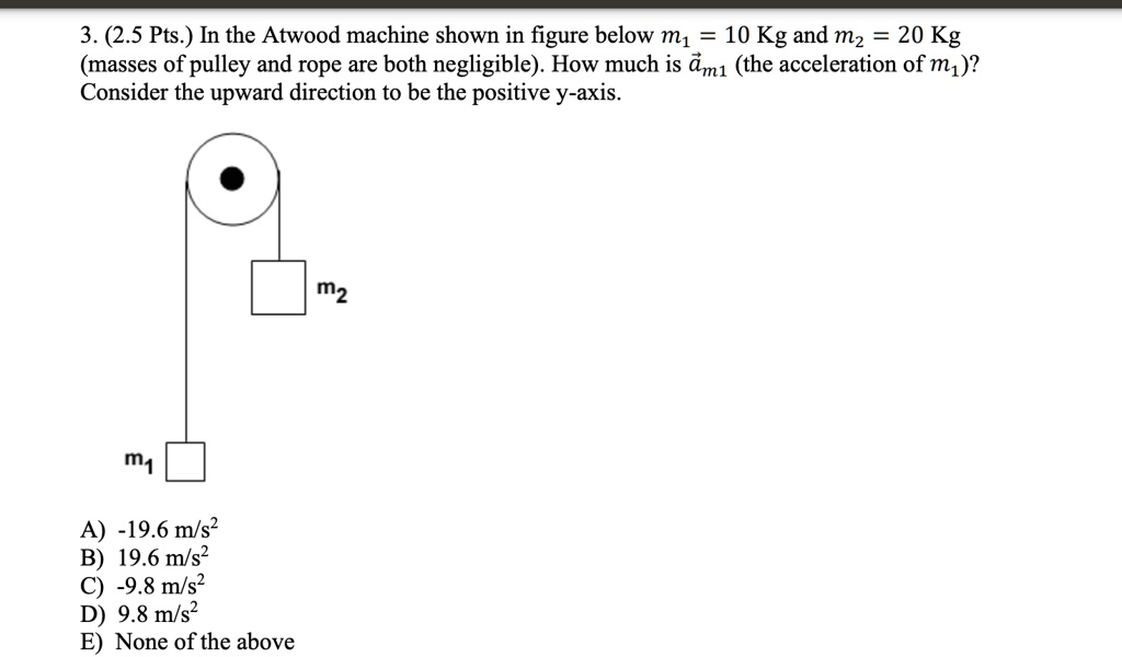 3. (2.5 Pts.) In the Atwood machine shown in figure below m? = 10 Kg and m? = 20 Kg (masses of pulley and rope are both negligible). How much is a?? (the acceleration of m?)? Consider the upward direction to be the positive y-axis.
m?
m?
A) -19.6 m/s²
B) 19.6 m/s²
C) -9.8 m/s²
D) 9.8 m/s²
E) None of the above