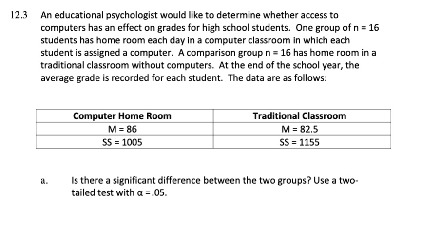 123 an educational psychologist would like to determine whether access to computers has an effect on grades for high school students one group of n 16 students has home room each day in a co 78223