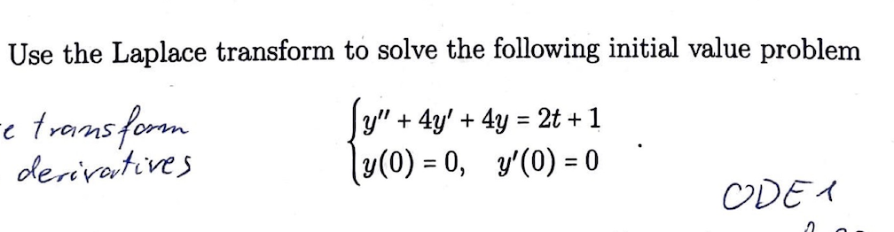 Use the Laplace transform to solve the following initial value problem

egincases y” + 4y' + 4y = 2t + 1  y(0) = 0, quad y'(0) = 0 endcases