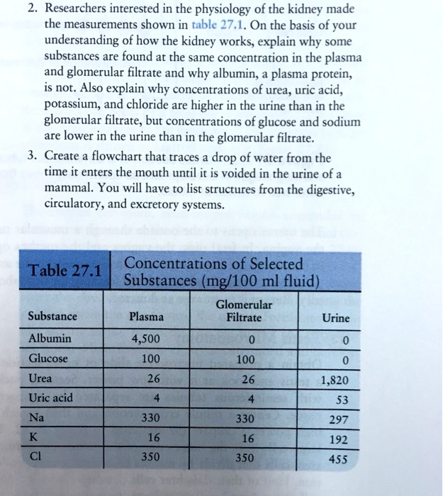 2. Researchers interested in the physiology of the kidney made
the measurements shown in table 27.1. On the basis of your
understanding of how the kidney works, explain why some
substances are found at the same concentration in the plasma
and glomerular filtrate and why albumin, a plasma protein,
is not. Also explain why concentrations of urea, uric acid,
potassium, and chloride are higher in the urine than in the
glomerular filtrate, but concentrations of glucose and sodium
are lower in the urine than in the glomerular filtrate.
3. Create a flowchart that traces a drop of water from the
time it enters the mouth until it is voided in the urine of a
mammal. You will have to list structures from the digestive,
circulatory, and excretory systems.
Table 27.1
Concentrations of Selected
Substances (mg/100 ml fluid)
Substance	Plasma	Glomerular
		Filtrate	Urine
Albumin	4,500	0	0
Glucose	100	100	0
Urea	26	26	1,820
Uric acid	4	4	53
Na	330	330	297
K	16	16	192
Cl	350	350	455
