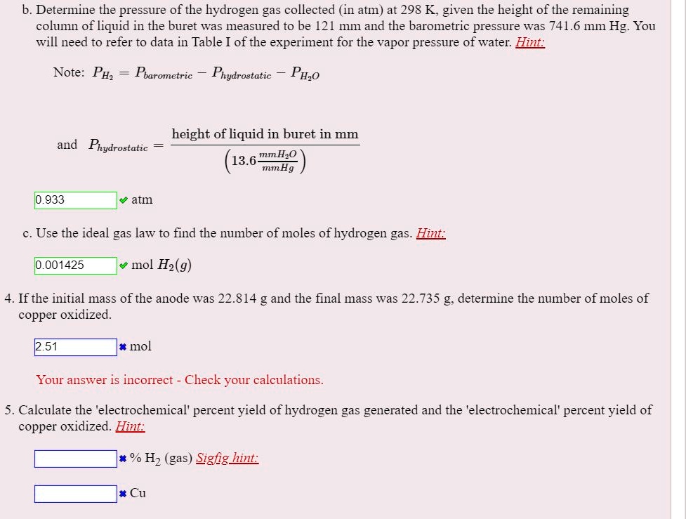 SOLVED b. Determine the pressure of the hydrogen gas collected (in atm