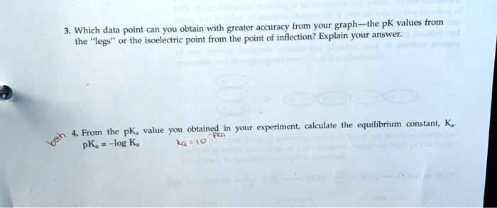 3. Which data point can you obtain with greater accuracy from your graph—the pK values from the "legs" or the isoelectric point from the point of inflection? Explain your answer.
4. From the pKa value you obtained in your experiment, calculate the equilibrium constant, Ka.
pKa = -log Ka
Ka = 10^-pKa