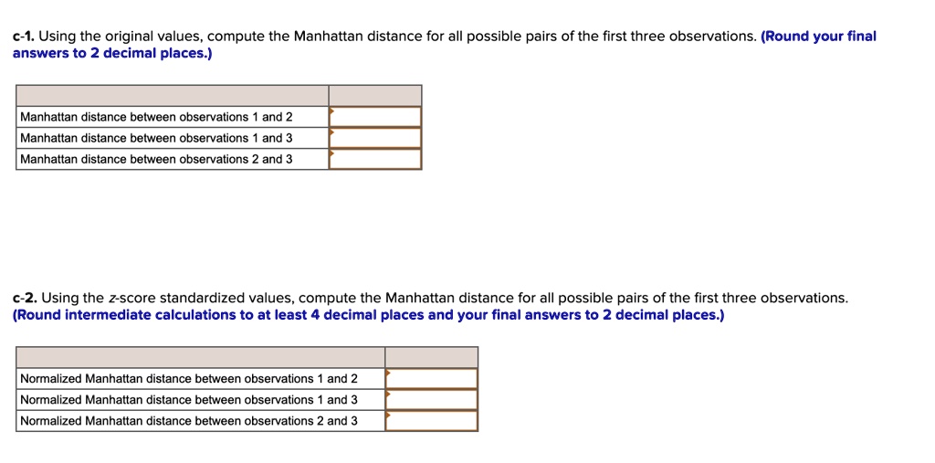 c-1. Using the original values, compute the Manhattan distance for all possible pairs of the first three observations. (Round your final
answers to 2 decimal places.)
Manhattan distance between observations 1 and 2
Manhattan distance between observations 1 and 3
Manhattan distance between observations 2 and 3
c-2. Using the z-score standardized values, compute the Manhattan distance for all possible pairs of the first three observations.
(Round intermediate calculations to at least 4 decimal places and your final answers to 2 decimal places.)
Normalized Manhattan distance between observations 1 and 2
Normalized Manhattan distance between observations 1 and 3
Normalized Manhattan distance between observations 2 and 3