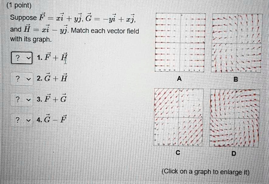 Suppose F?? = xi?? + yj??, G?? = -yi?? + xj??, and H?? = xi?? - yj??. Match each vector field with its graph.

1. F?? + H??
2. G?? + H??
3. F?? + G??
4. G?? - F??
A B C D
