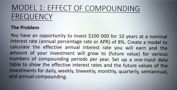 Compounding Model SOLVED: MODEL 1: EFFECT OF COMPOUNDING FREQUENCY The Problem: You have ...
