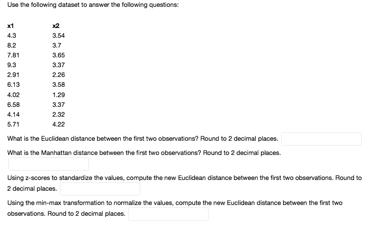 Use the following dataset to answer the following questions:

x1 x2
4.3 3.54
8.2 3.7
7.81 3.65
9.3 3.37
2.91 2.26
6.13 3.58
4.02 1.29
6.58 3.37
4.14 2.32
5.71 4.22

What is the Euclidean distance between the first two observations? Round to 2 decimal places.
What is the Manhattan distance between the first two observations? Round to 2 decimal places.
Using z-scores to standardize the values, compute the new Euclidean distance between the first two observations. Round to 2 decimal places.
Using the min-max transformation to normalize the values, compute the new Euclidean distance between the first two observations. Round to 2 decimal places.