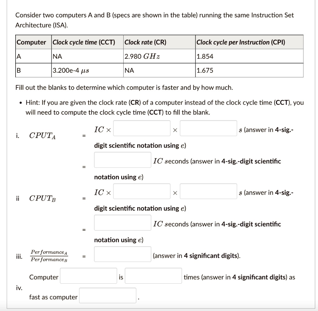 SOLVED Consider two computers A and B (specs are shown in the table