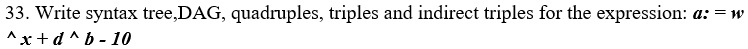 33. Write syntax tree, DAG, quadruples, triples and indirect triples for the expression: a := w
^x + d^b - 10