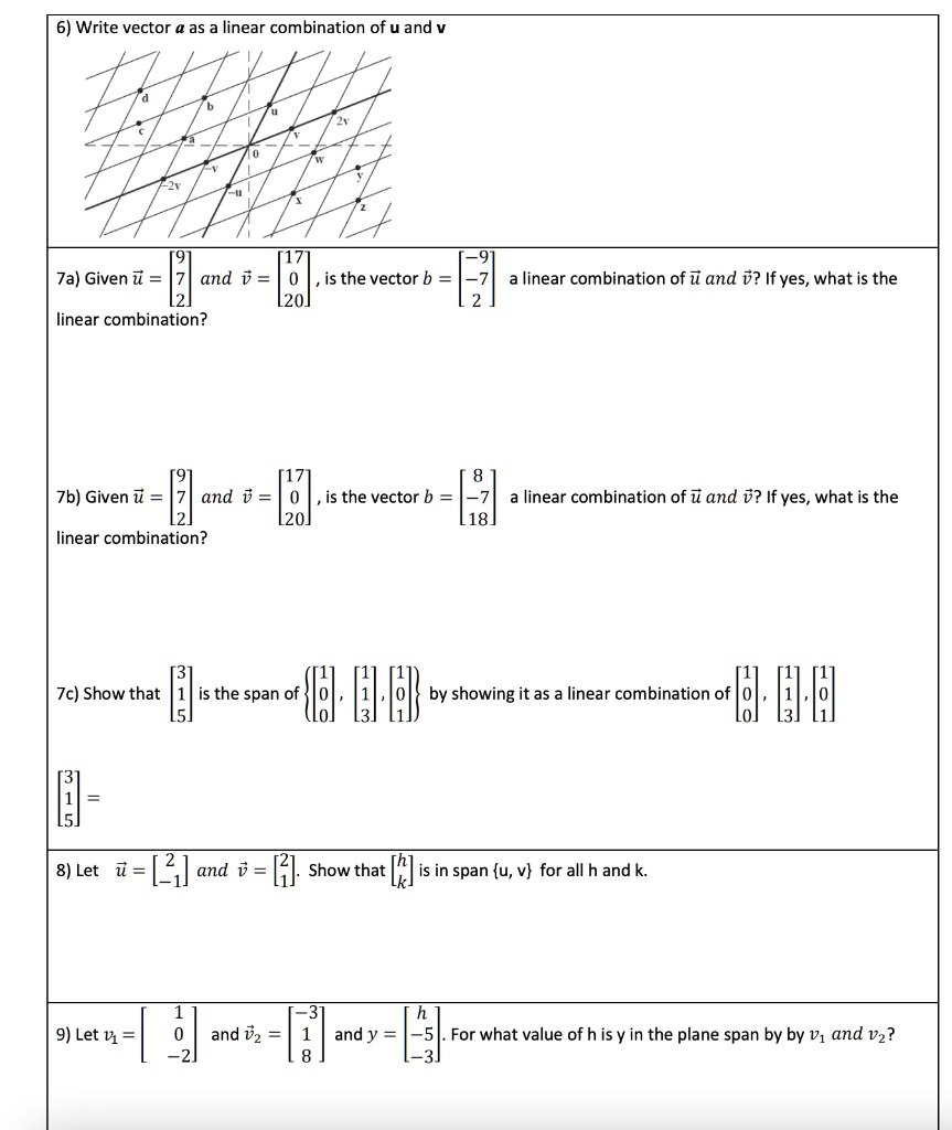 SOLVED: 6) Write vector as a linear combination of u and v. 7a) Given u ...