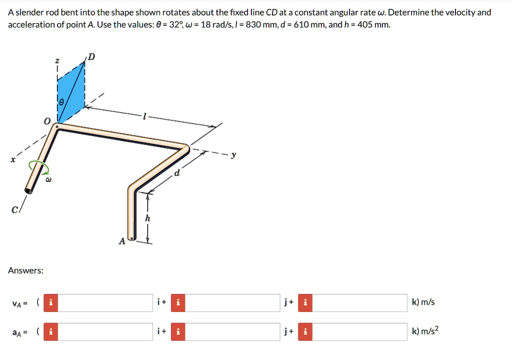 A slender rod bent into the shape shown rotates about the fixed line CD ...