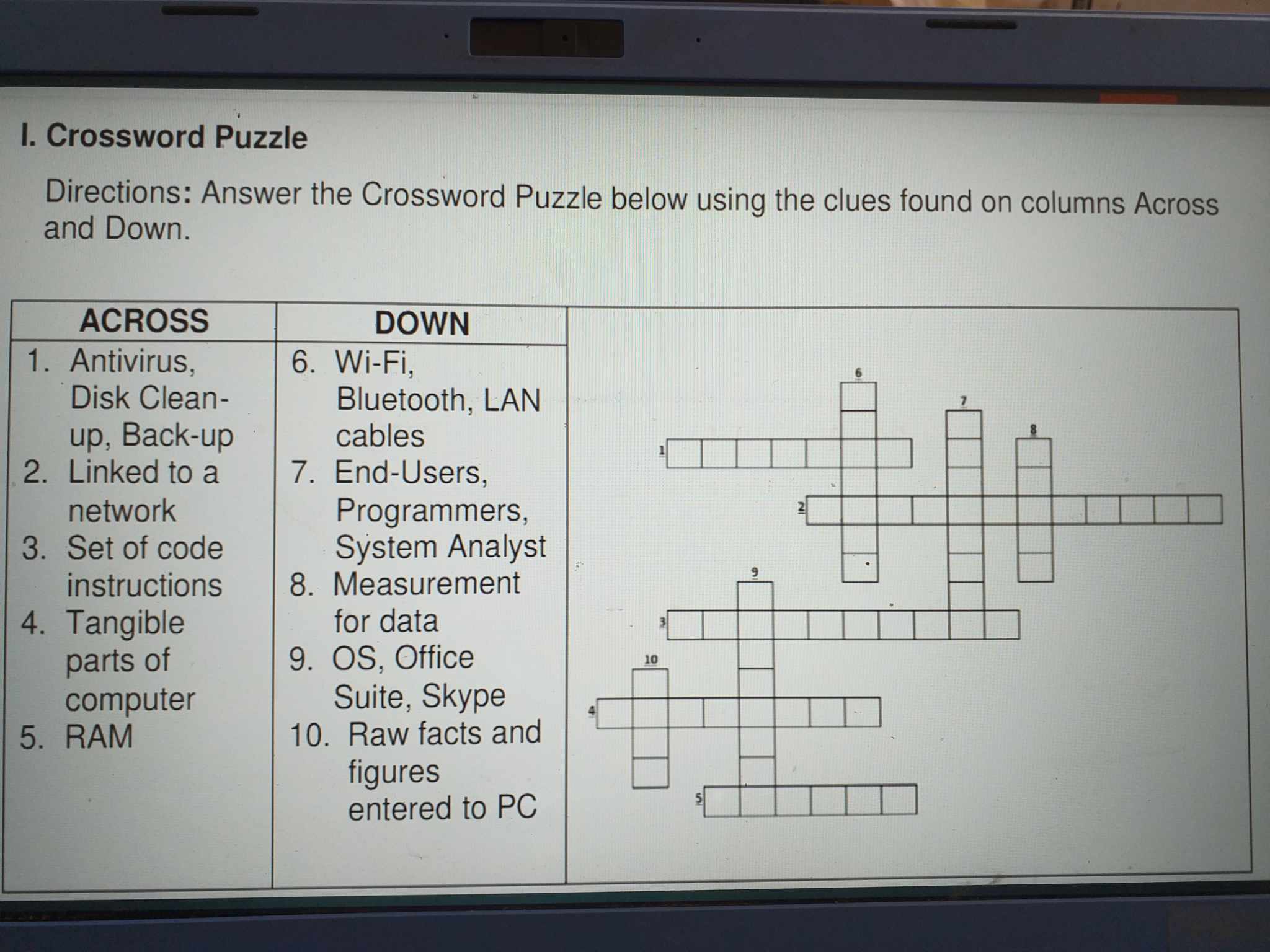 SOLVED I. Crossword Puzzle Directions Answer the Crossword Puzzle