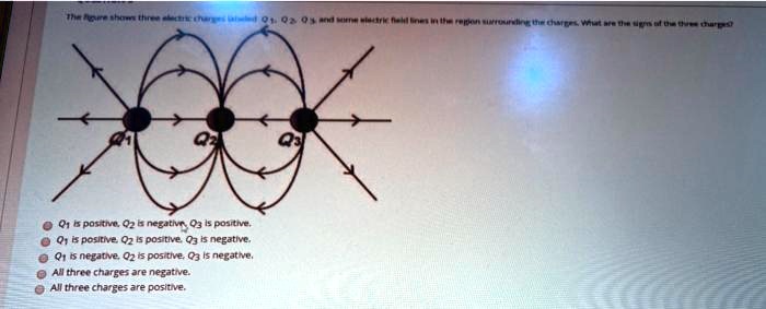 The figure shows three electric charges Q1, Q2, Q3 and some electric field lines in the region surrounding the charges. What are the signs of the three charges?
Q1 is positive, Q2 is negative, Q3 is positive.
Q1 is positive, Q2 is positive, Q3 is negative.
Q1 is negative, Q2 is positive, Q3 is negative.
All three charges are negative.
All three charges are positive.