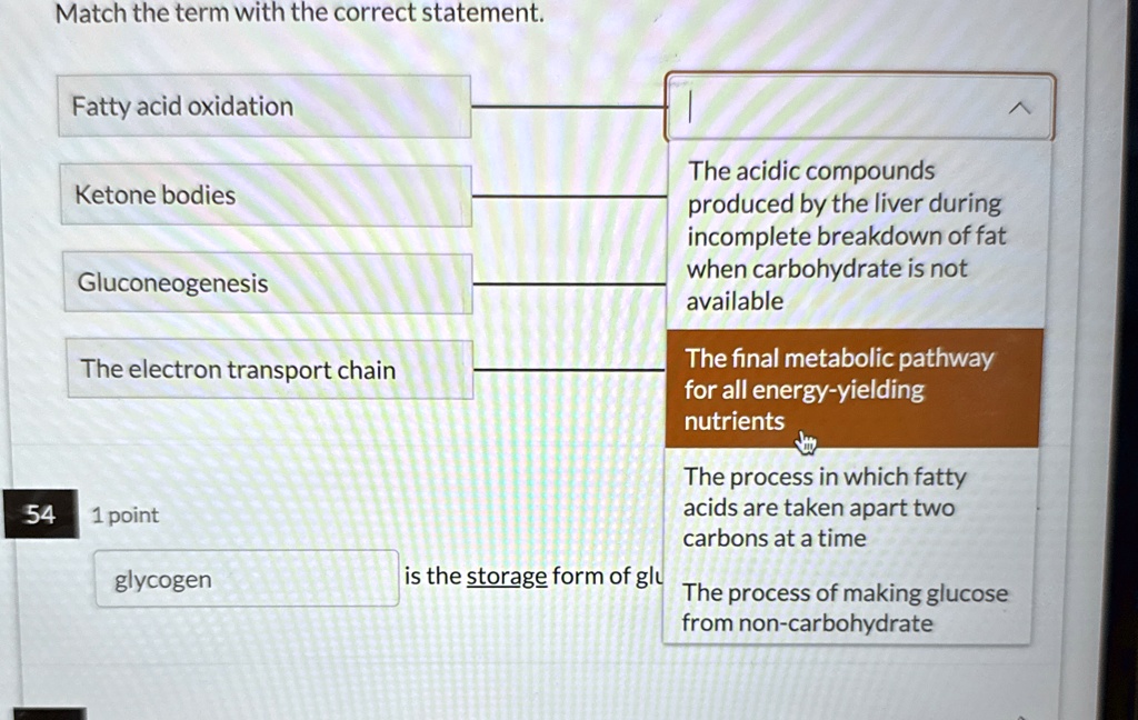 match the term with the correct statement fatty acid oxidation ketone ...