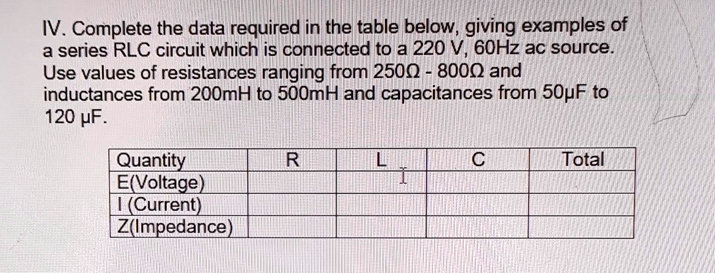 SOLVED: IV. Complete the data required in the table below, giving ...