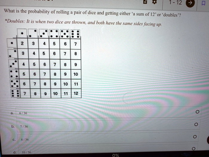 SOLVED 0 1 12 What is the probability of rolling pair of dice and