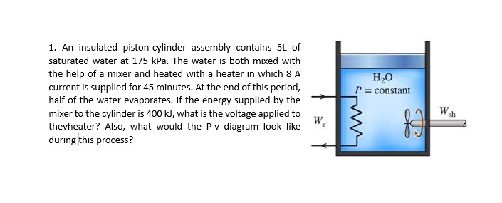 1. An insulated piston-cylinder assembly contains 5L of saturated water at 175 kPa. The water is both mixed with the help of a mixer and heated with a heater in which 8 A current is supplied for 45 minutes. At the end of this period, half of the water evaporates. If the energy supplied by the mixer to the cylinder is 400 kJ, what is the voltage applied to thevheater? Also, what would the P-v diagram look like during this process?