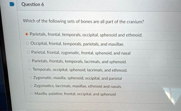 Question 6
Which of the following sets of bones are all part of the cranium?
Parietals, frontal, temporals, occipital, sphenoid and ethmoid.
Occipital, frontal, temporals, parietals, and maxillae.
Parietal, frontal, zygomatic, frontal, sphenoid, and nasal
Parietals, frontals, temporals, lacrimals, and sphenoid.
Temporals, occipital, sphenoid, lacrimals, and ethmoid.
Zygomatic, maxilla, sphenoid, occipital, and parietal
Zygomatics, lacrimals, maxillae, ethmoid and nasals.
Maxilla, palatine, frontal, occipital, and sphenoid